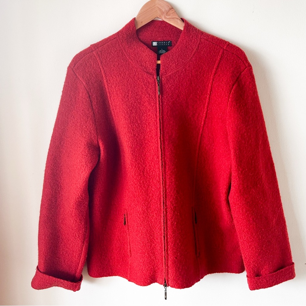 Carole Little Boiled Wool Rust Orange Double Zip Jacket Large